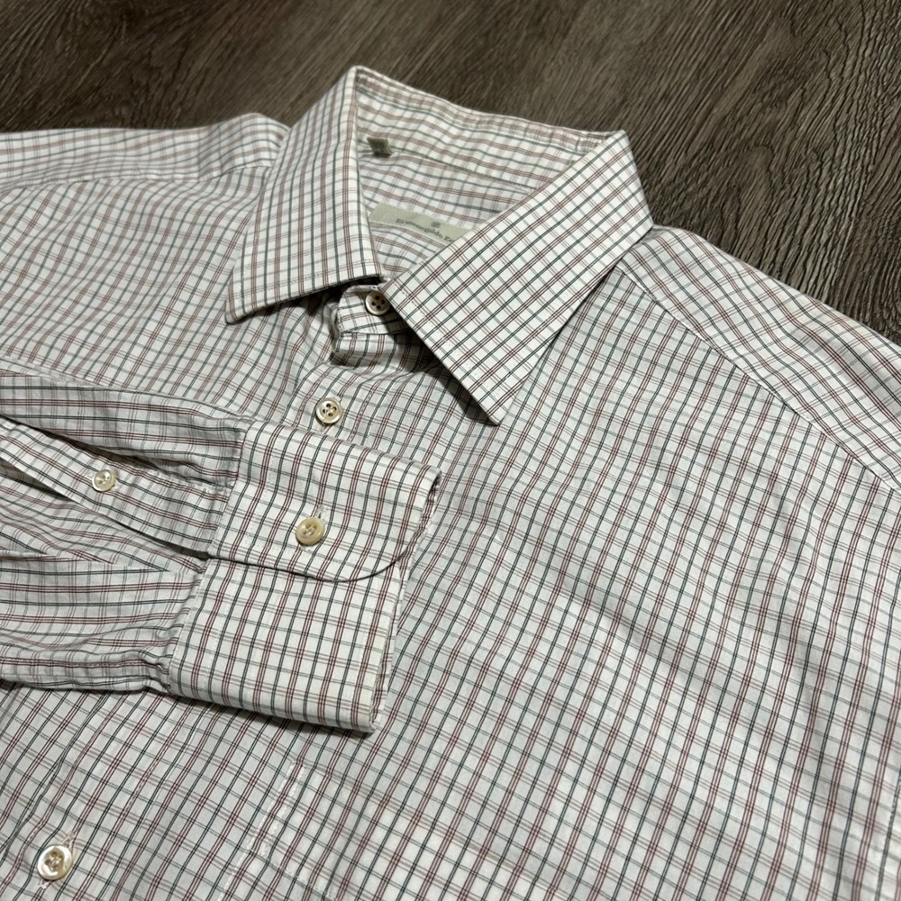 Ermenegildo Zegna Dress Shirt 16.5 42 White Red Check Long Sleeve Button Up